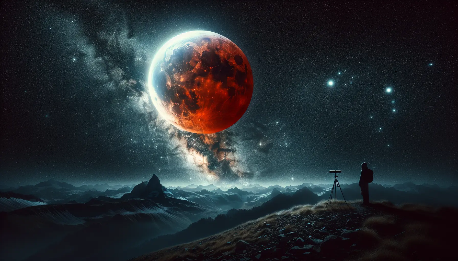 Immagine di una Luna di Sangue che illumina il cielo notturno con un colore rosso intenso.