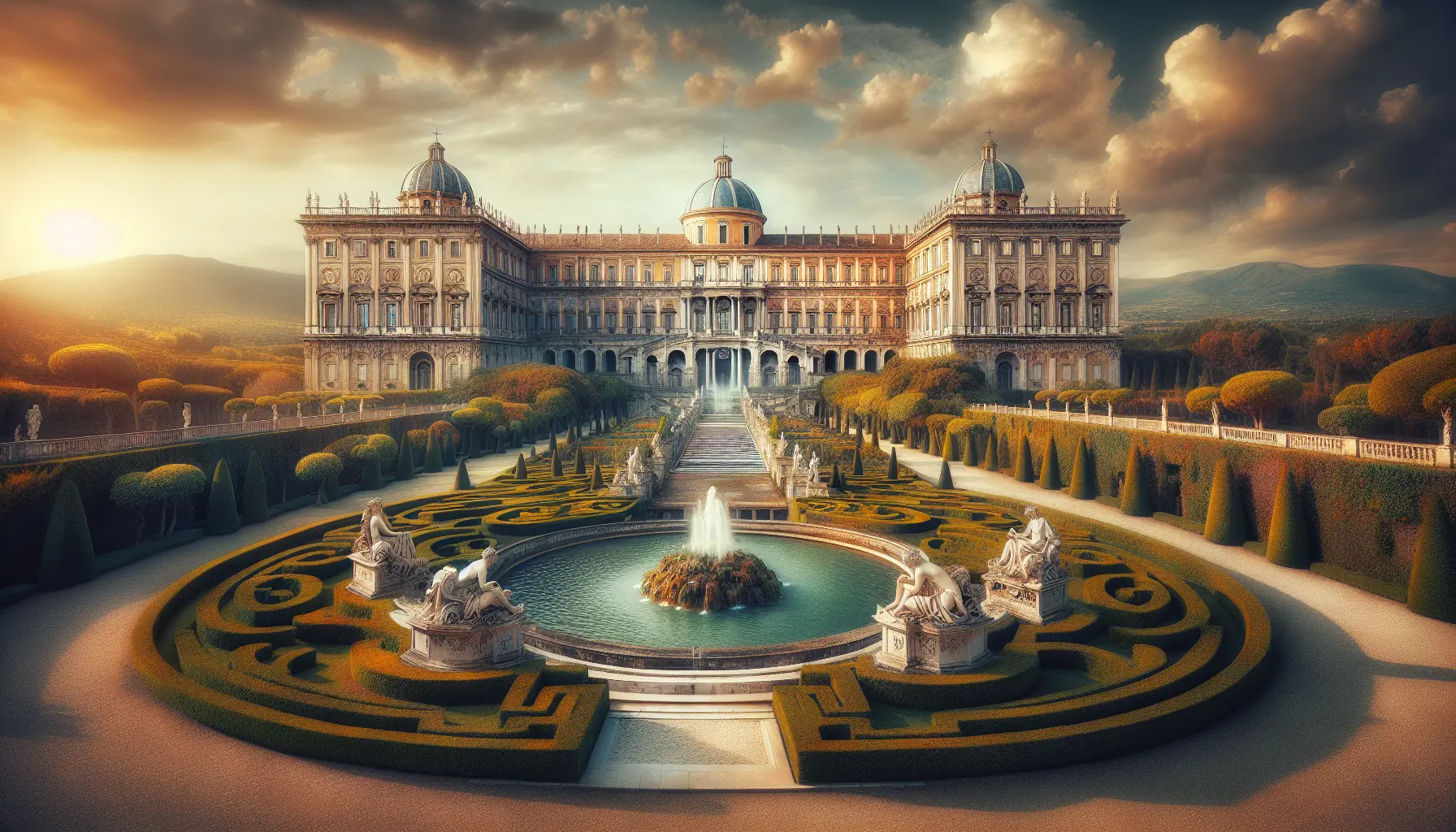 Vista panoramica della Reggia di Caserta con i suoi giardini e fontane