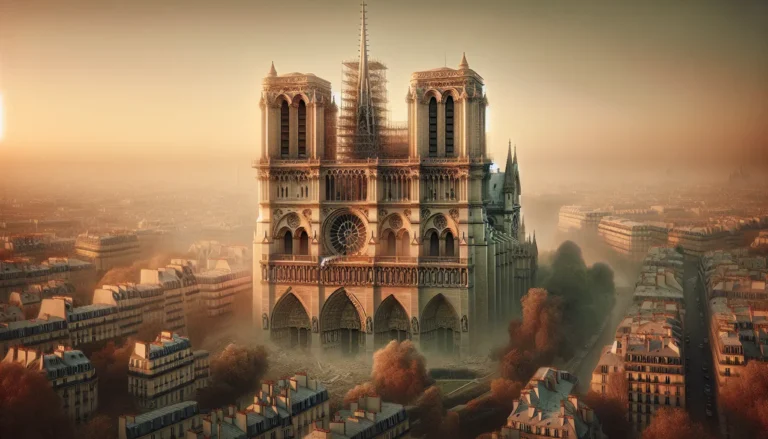 Vista della cattedrale di Notre Dame de Paris con il suo iconico tetto e le guglie, simbolo della cultura e della storia francese.