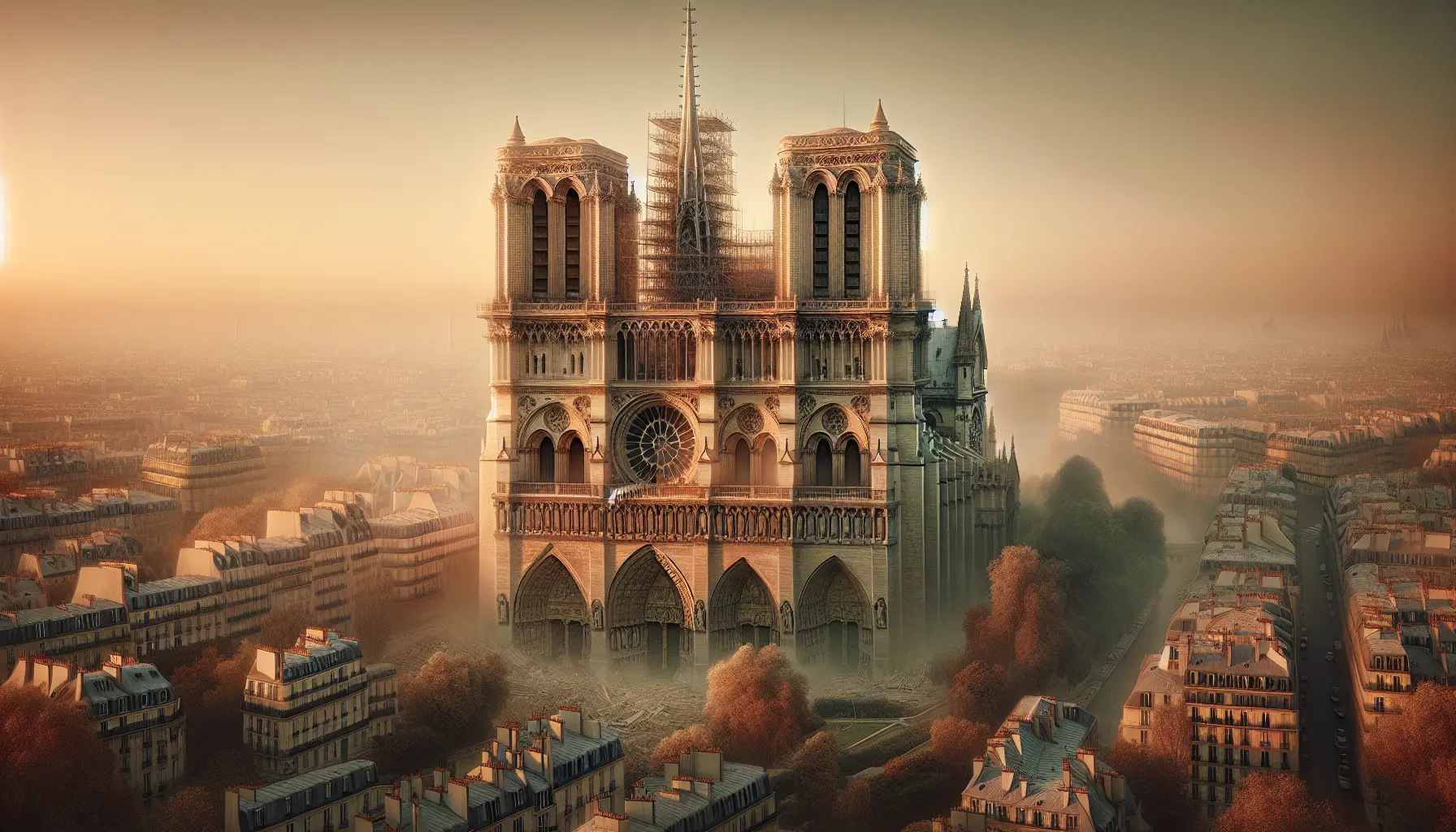 Vista della cattedrale di Notre Dame de Paris con il suo iconico tetto e le guglie, simbolo della cultura e della storia francese.