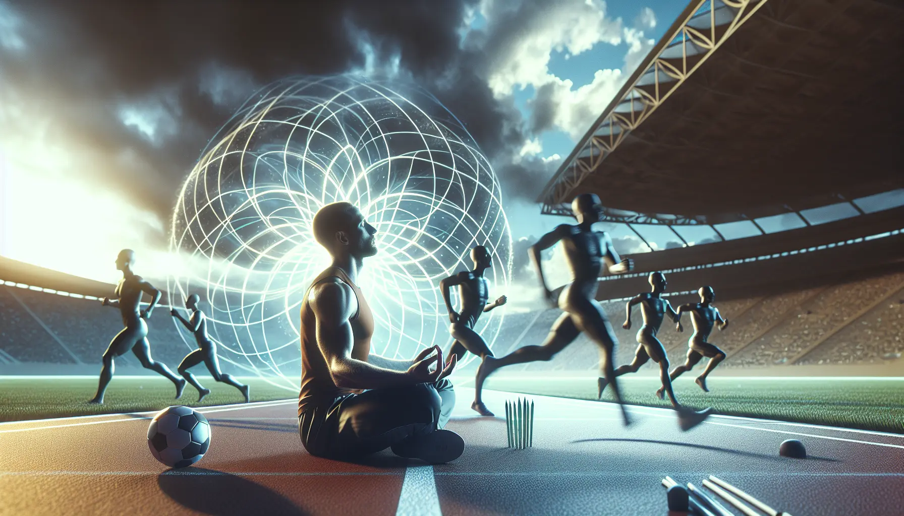 Un atleta che pratica mindfulness durante un allenamento all'aperto, concentrato e sereno.