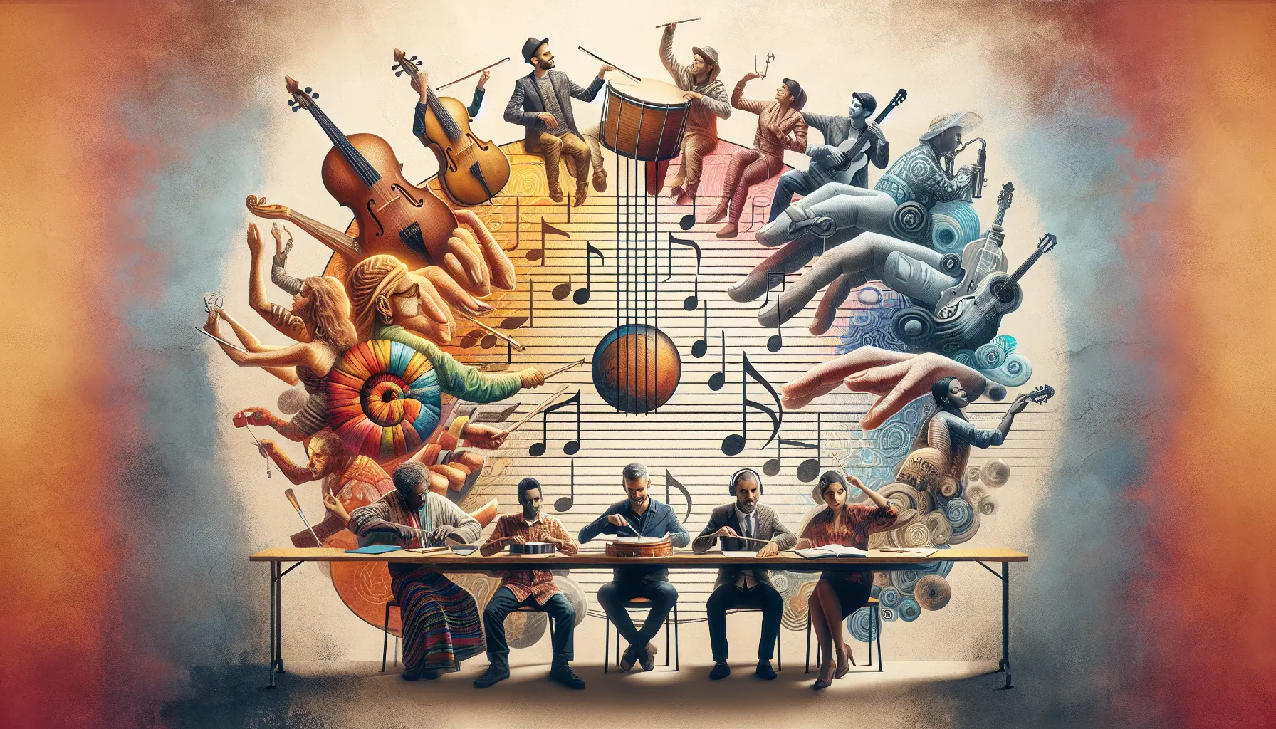 Artisti di diverse culture che collaborano musicalmente, creando un'atmosfera di unità e diversità.