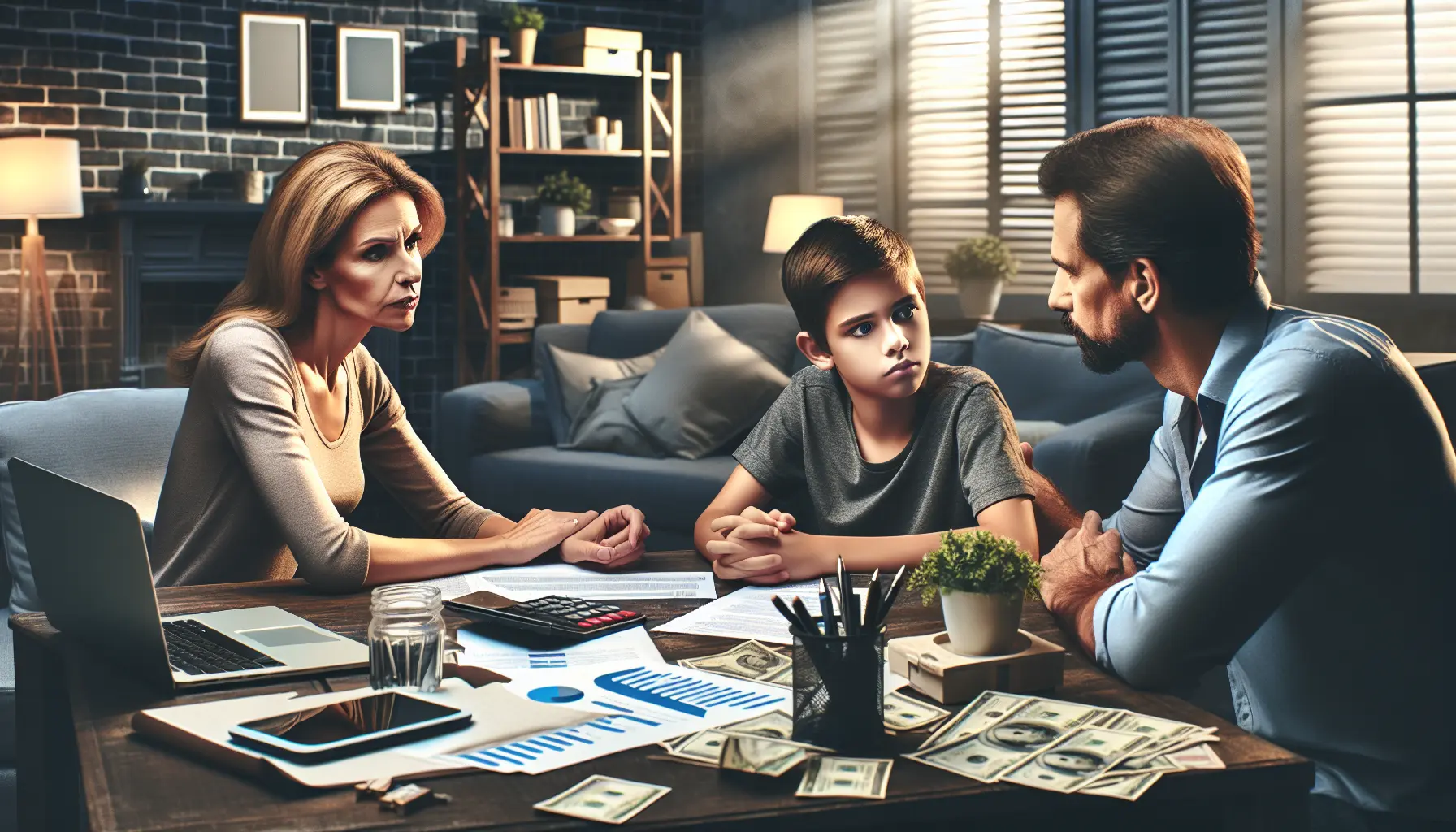 Una famiglia che discute le proprie finanze attorno a un tavolo, con fogli e calcolatrice.
