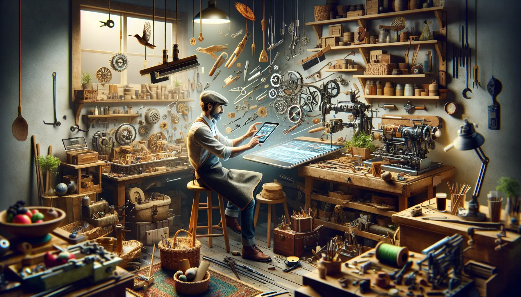 Laboratorio di artigianato con artigiani al lavoro, circondati da strumenti e materiali creativi.