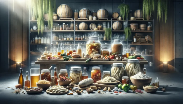 Bottiglie di vetro piene di verdure fermentate colorate e bollicine vivaci in una cucina accogliente.