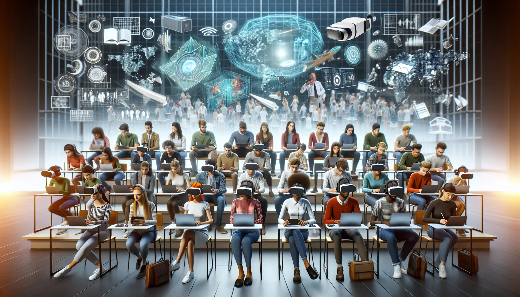 Studente che utilizza visori VR in un'aula per un'esperienza di apprendimento immersivo.