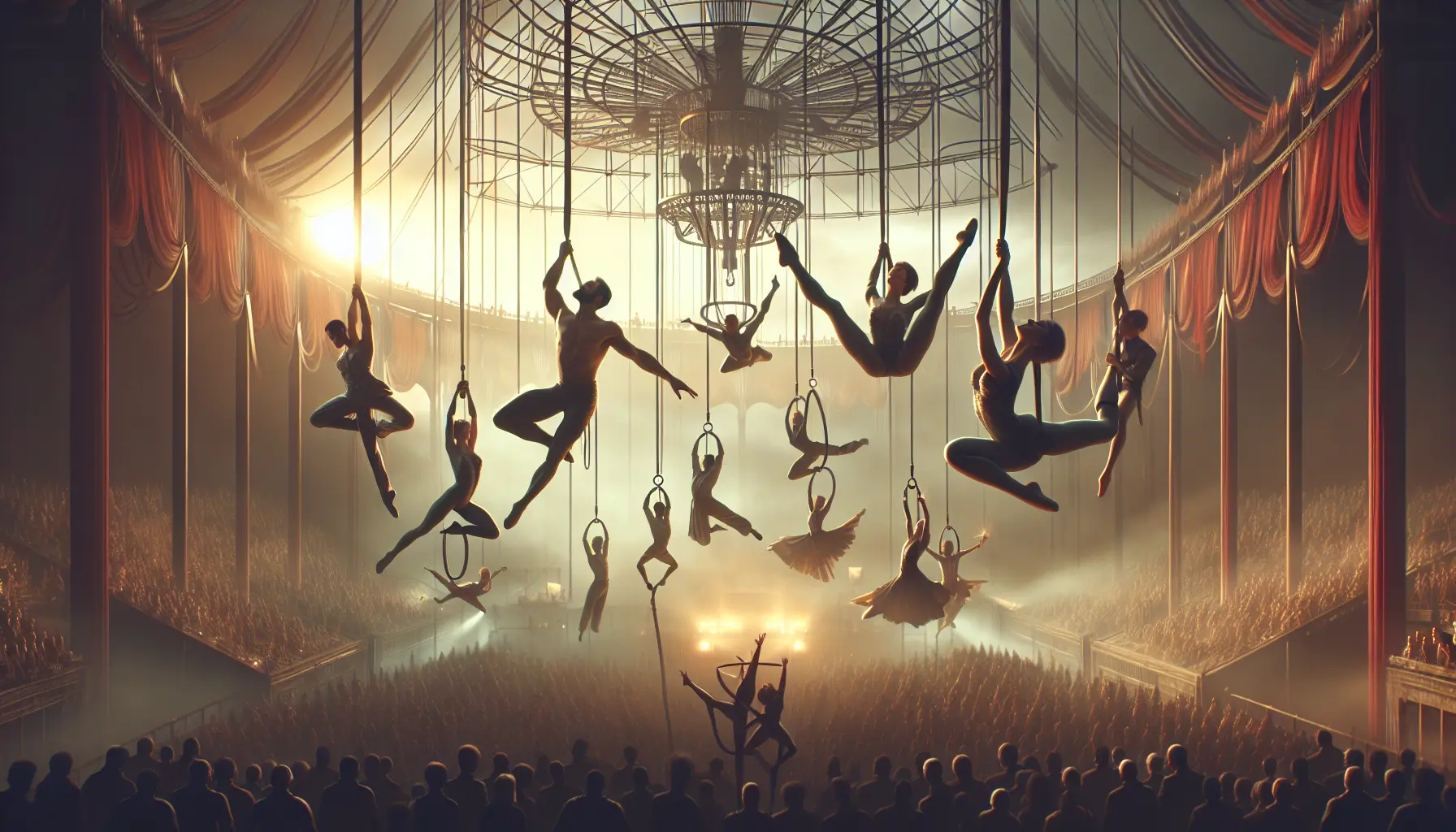 Un artista di acrobazia aerea esegue un salto acrobatico su un trapezio, con il pubblico in sottofondo che osserva affascinato.