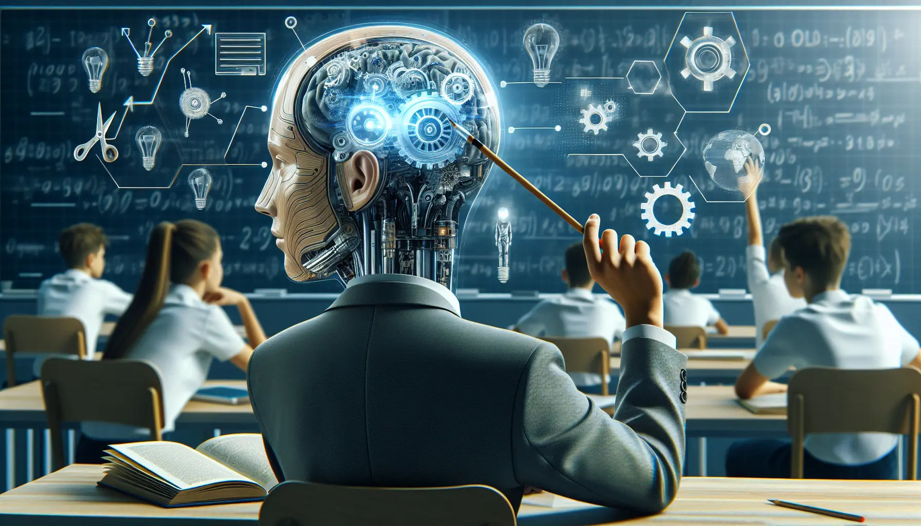 Un'aula moderna con studenti che interagiscono con un tutor virtuale alimentato dall'intelligenza artificiale.