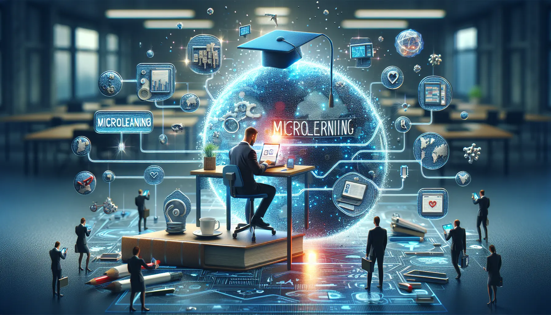 Un insegnante che utilizza un dispositivo digitale per apprendere contenuti di microlearning in un ambiente moderno e stimolante.