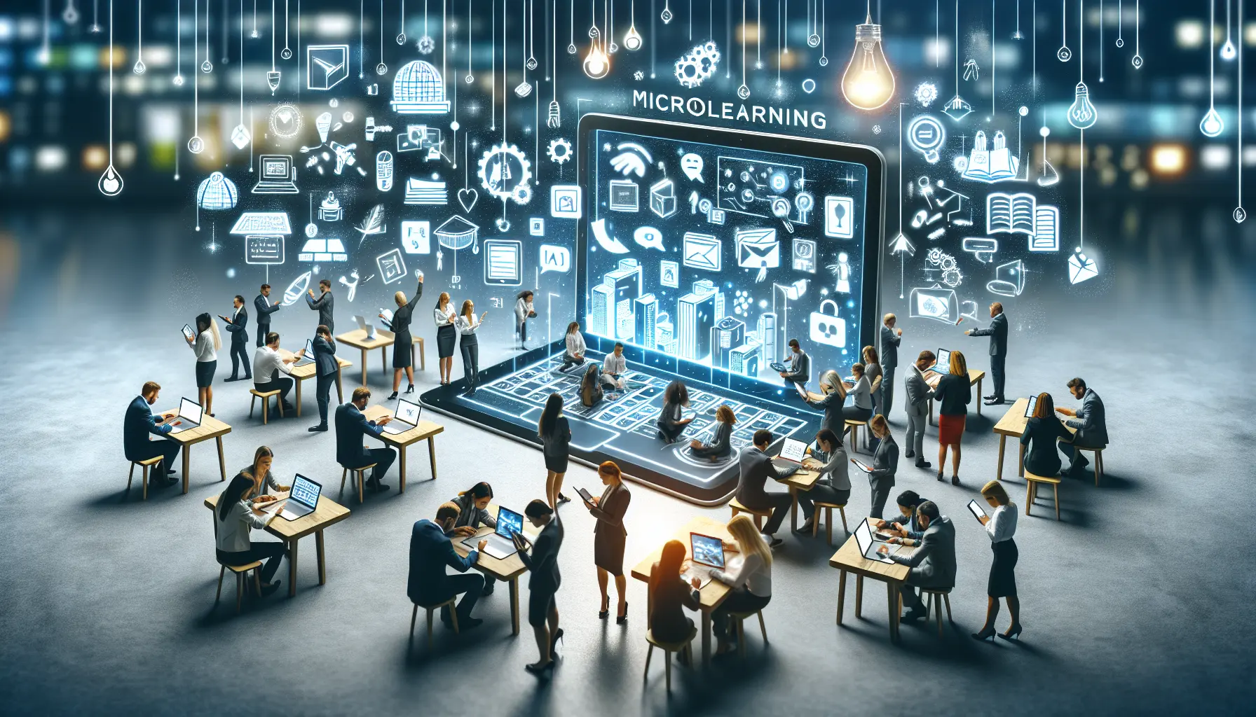 Un insegnante che utilizza un tablet per insegnare in modo innovativo, rappresentando l'approccio del microlearning.