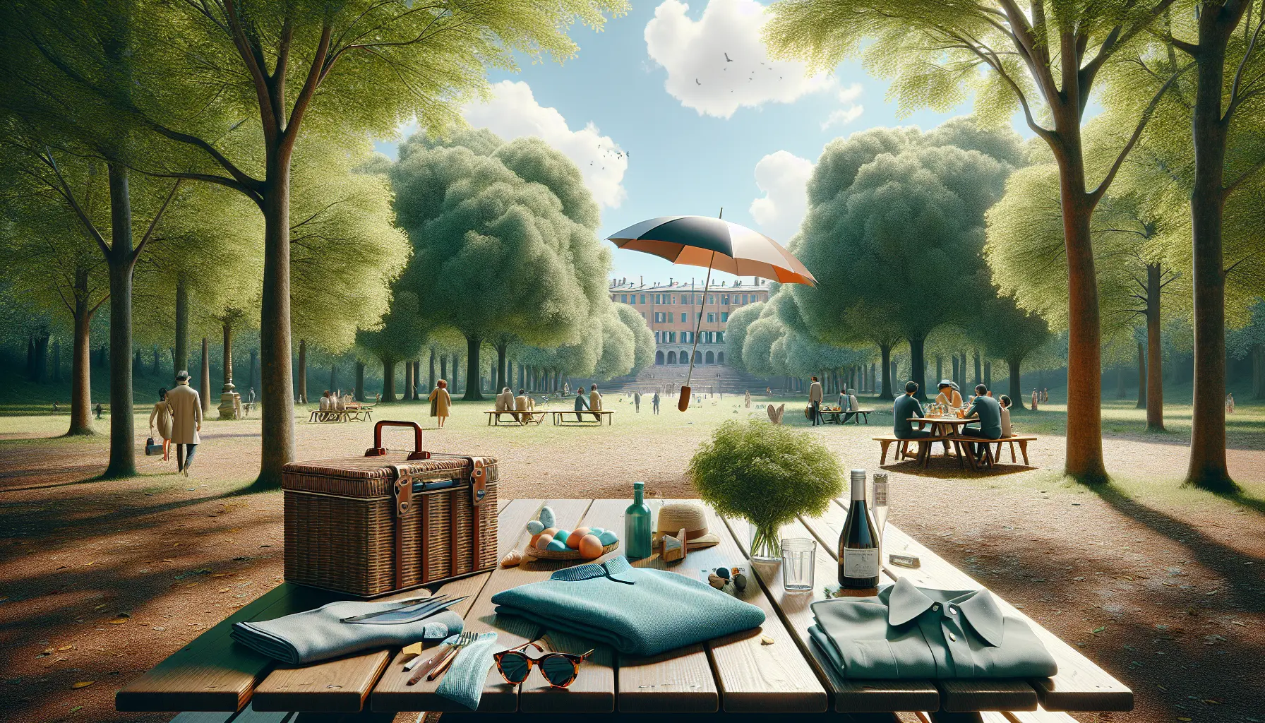 Una famiglia che si prepara per un picnic di Pasqua all'aperto, circondata dalla natura e dal sole, portando cibo e giochi.