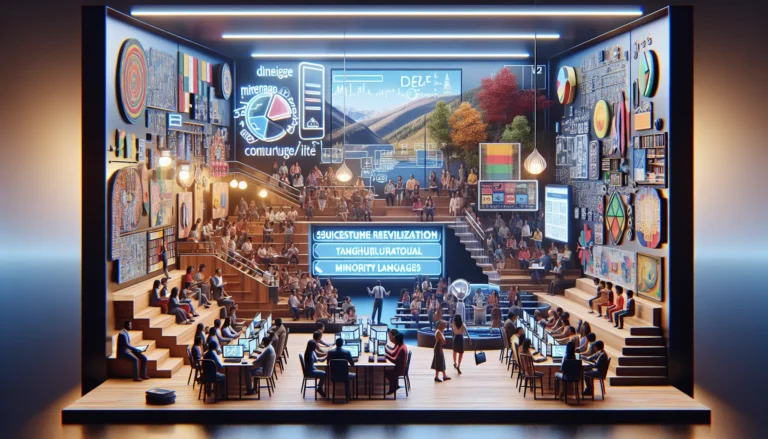 Un gruppo di persone che partecipano a un festival culturale dedicato a una lingua minoritaria, con bandiere e simboli tradizionali.