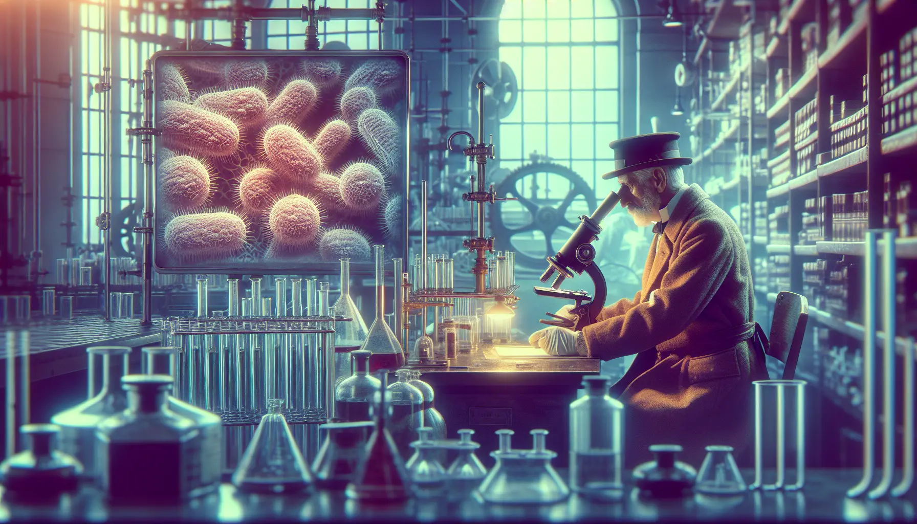 Ritratto di Robert Koch, il pioniere della microbiologia, mentre studia batteri al microscopio.
