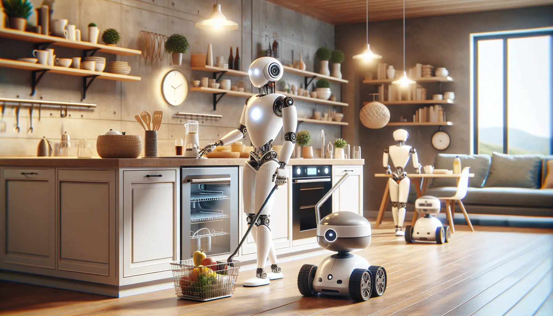Un robot aspirapolvere intelligente mentre pulisce un soggiorno moderno