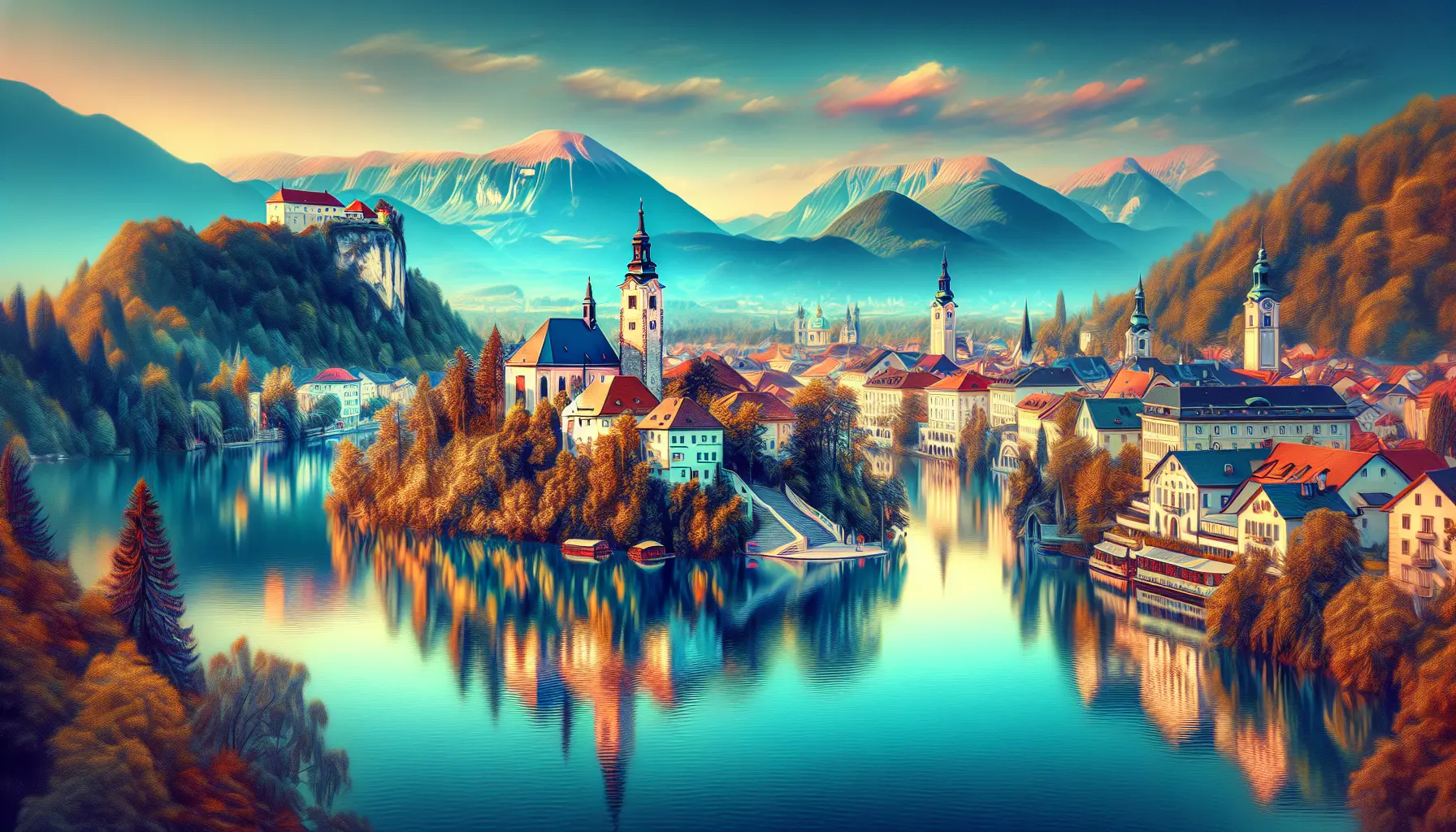Panorama del Lago di Bled con il castello e le montagne sullo sfondo