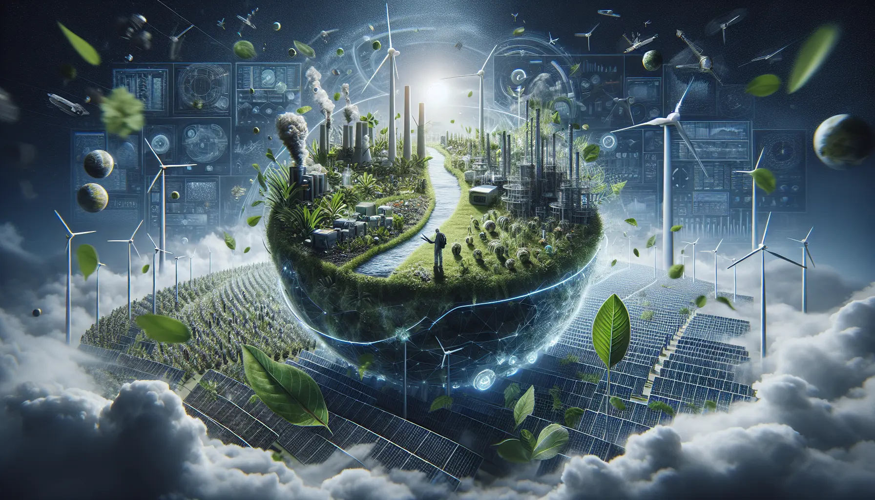 Un'immagine che rappresenta tecnologie verdi, come pannelli solari e turbine eoliche, simbolo di un futuro sostenibile.