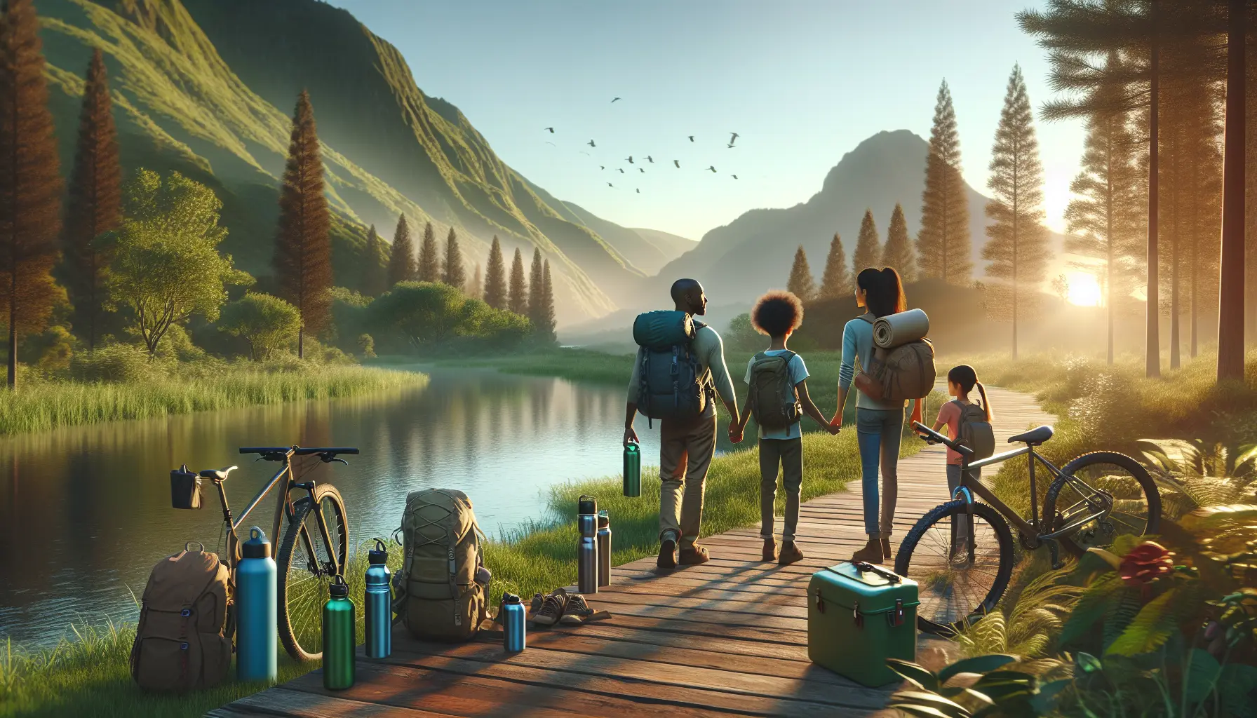 Una famiglia in viaggio che esplora un ambiente naturale, impegnata in attività sostenibili.