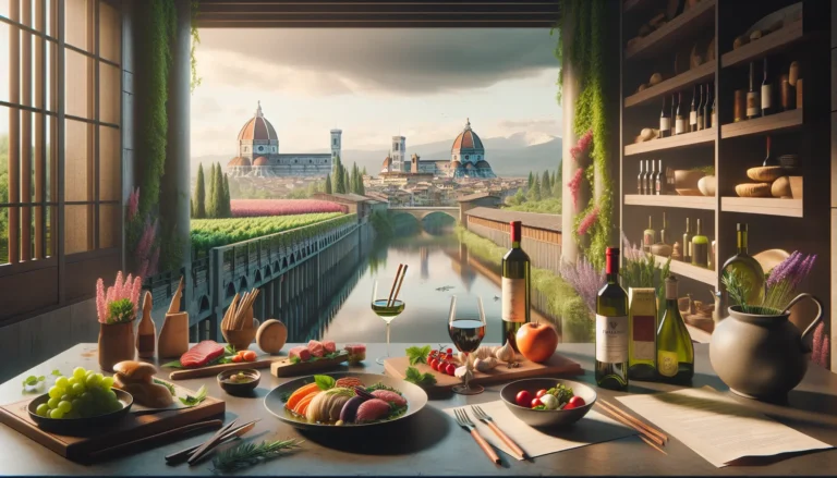 Un piatto tipico della cucina toscana, con vino rosso e prodotti freschi locali.