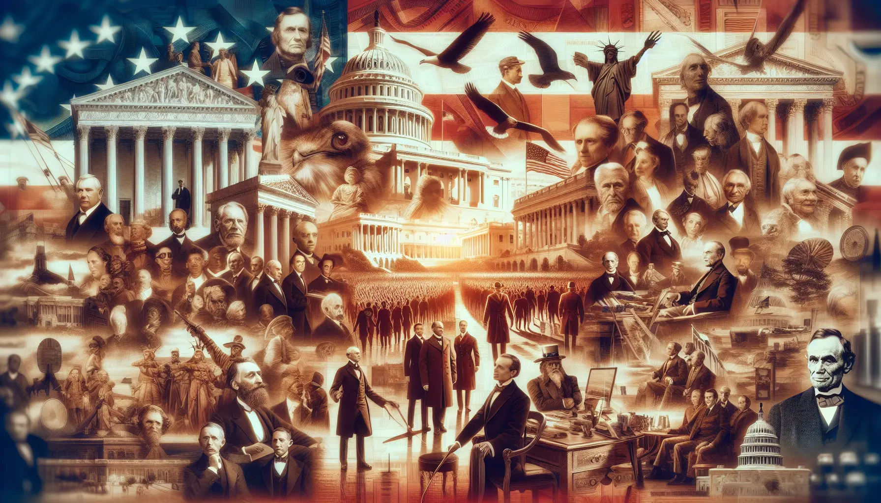 Rappresentazione dei presidenti americani con simboli della cultura e della storia degli Stati Uniti