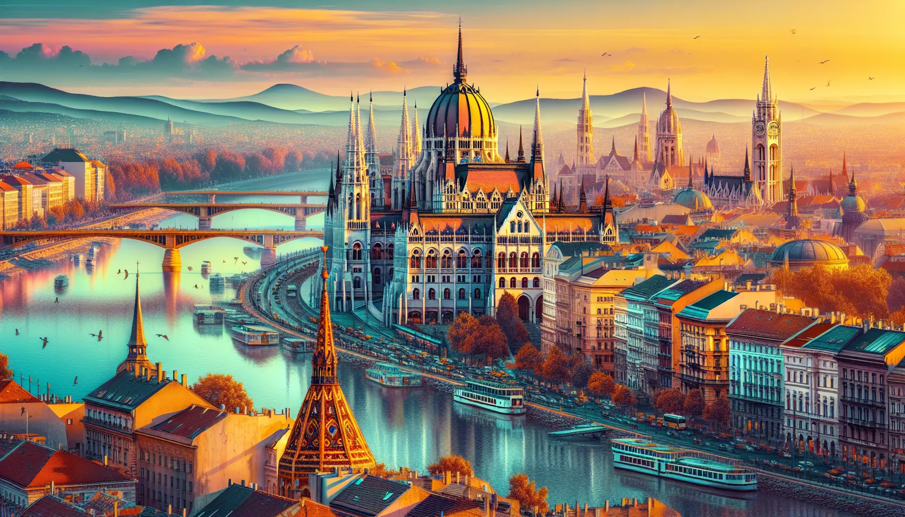 Vista panoramica di Budapest con il Danubio e il Parlamento sullo sfondo.