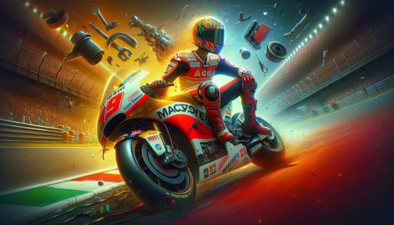 Valentino Rossi in azione durante una gara di MotoGP, con il suo iconico casco giallo e la moto in movimento.