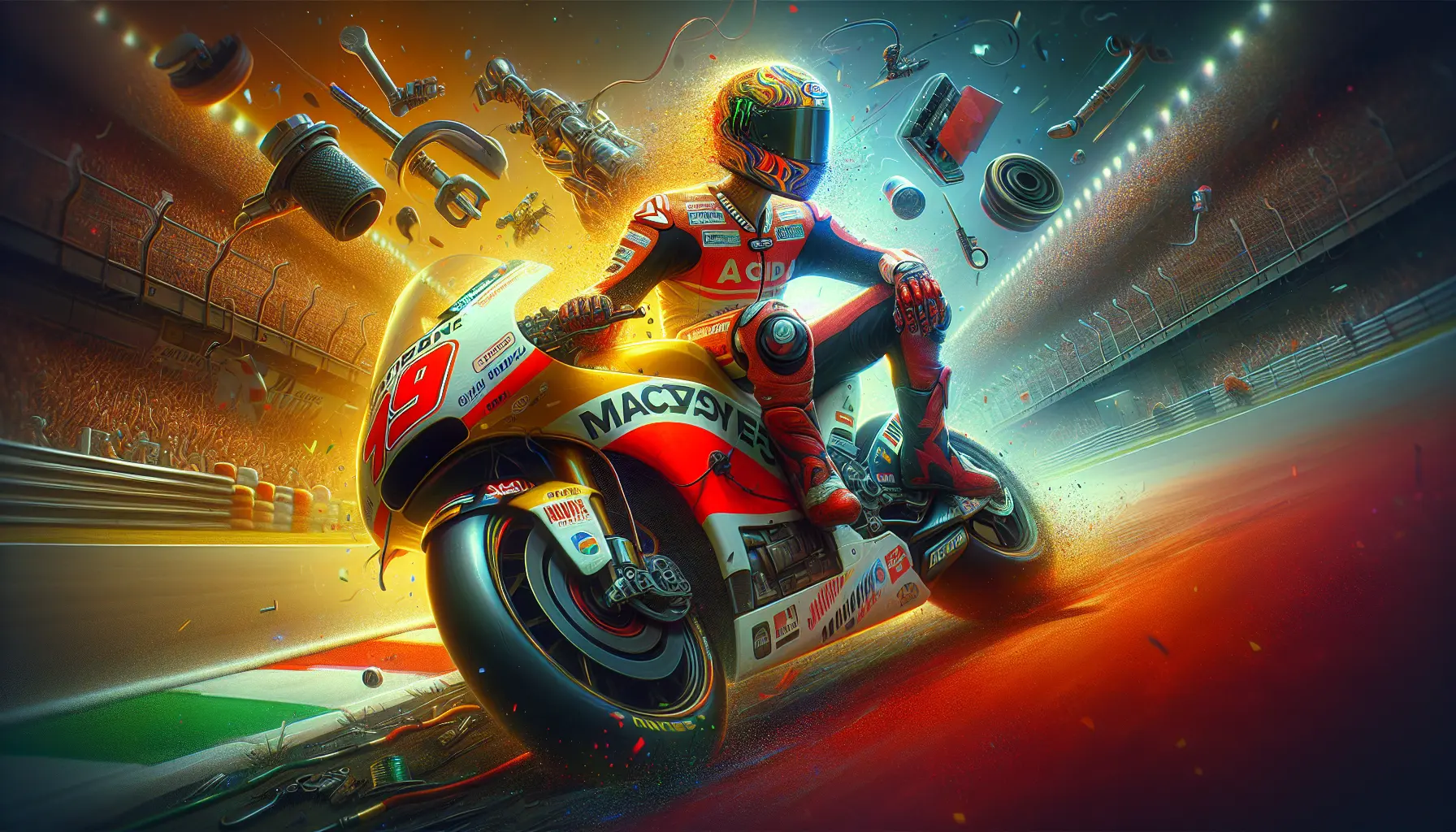 Valentino Rossi in azione durante una gara di MotoGP, con il suo iconico casco giallo e la moto in movimento.