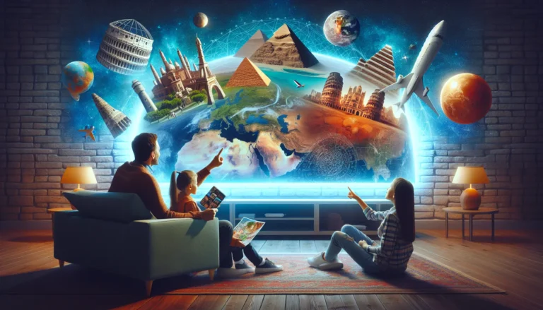 Bambini che esplorano il mondo attraverso un viaggio virtuale con tablet e computer.