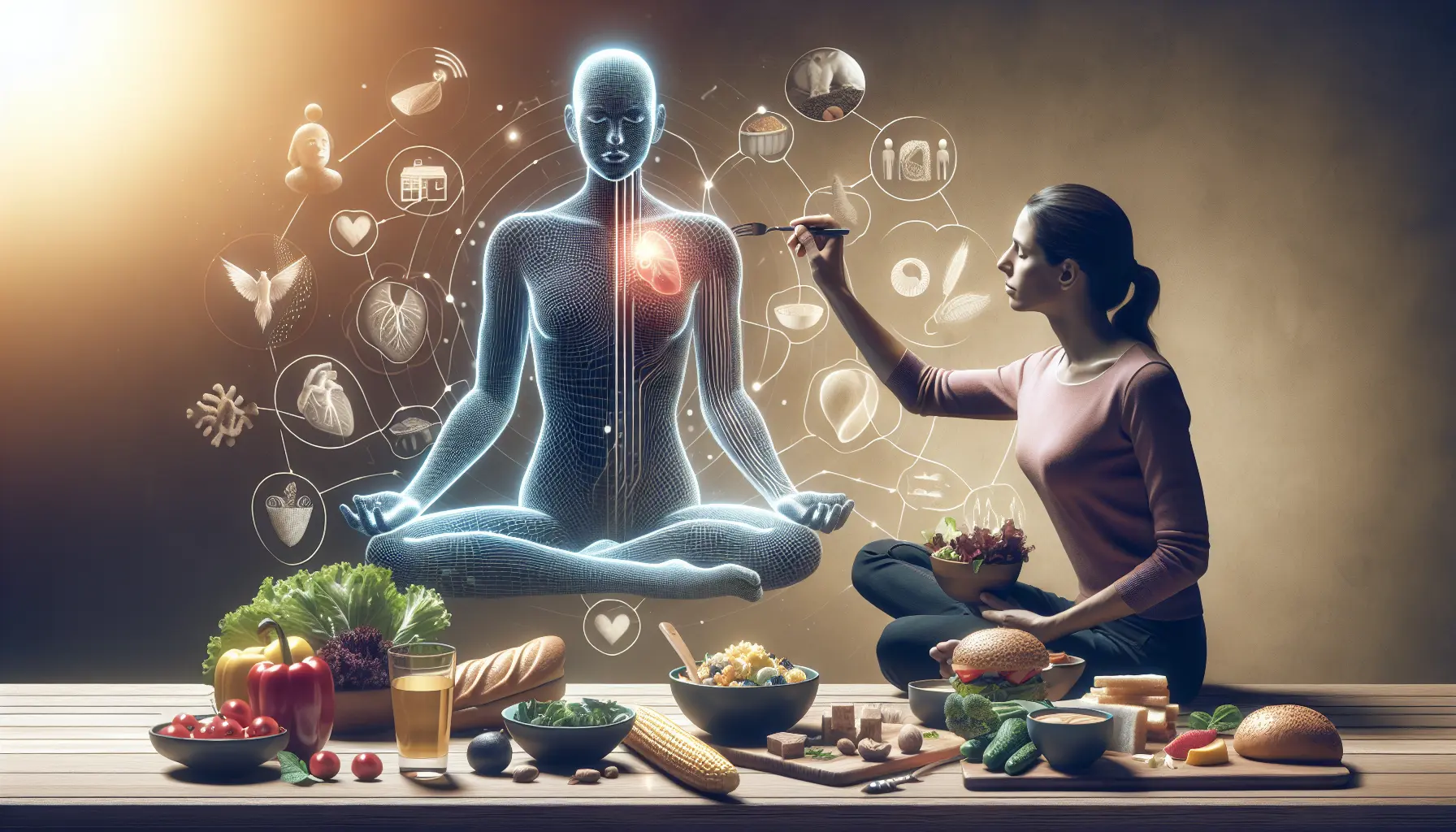 Una famiglia che condivide un pasto sano insieme, rappresentando l'importanza della convivialità e dell'alimentazione intuitiva.