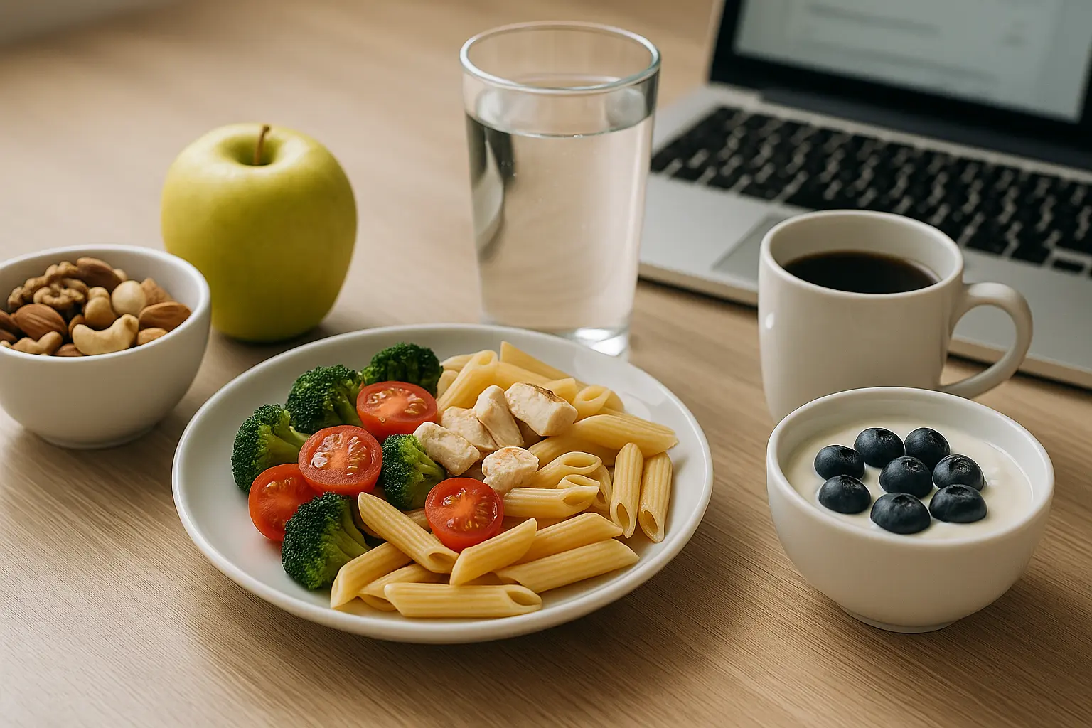 Pranzo equilibrato con cereali integrali, proteine, verdure e acqua per sostenere l'energia mentale nel pomeriggio