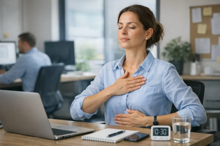 Persona alla scrivania che fa un breve esercizio di respirazione durante una pausa di lavoro