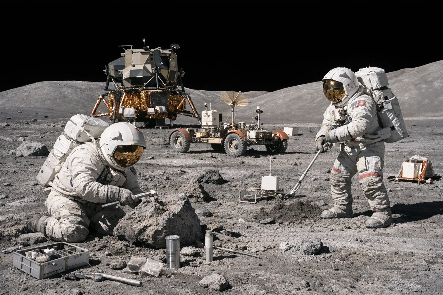 Gli astronauti di Apollo 16 lavorano sulla superficie lunare vicino al rover durante le attività scientifiche nelle highlands di Descartes.