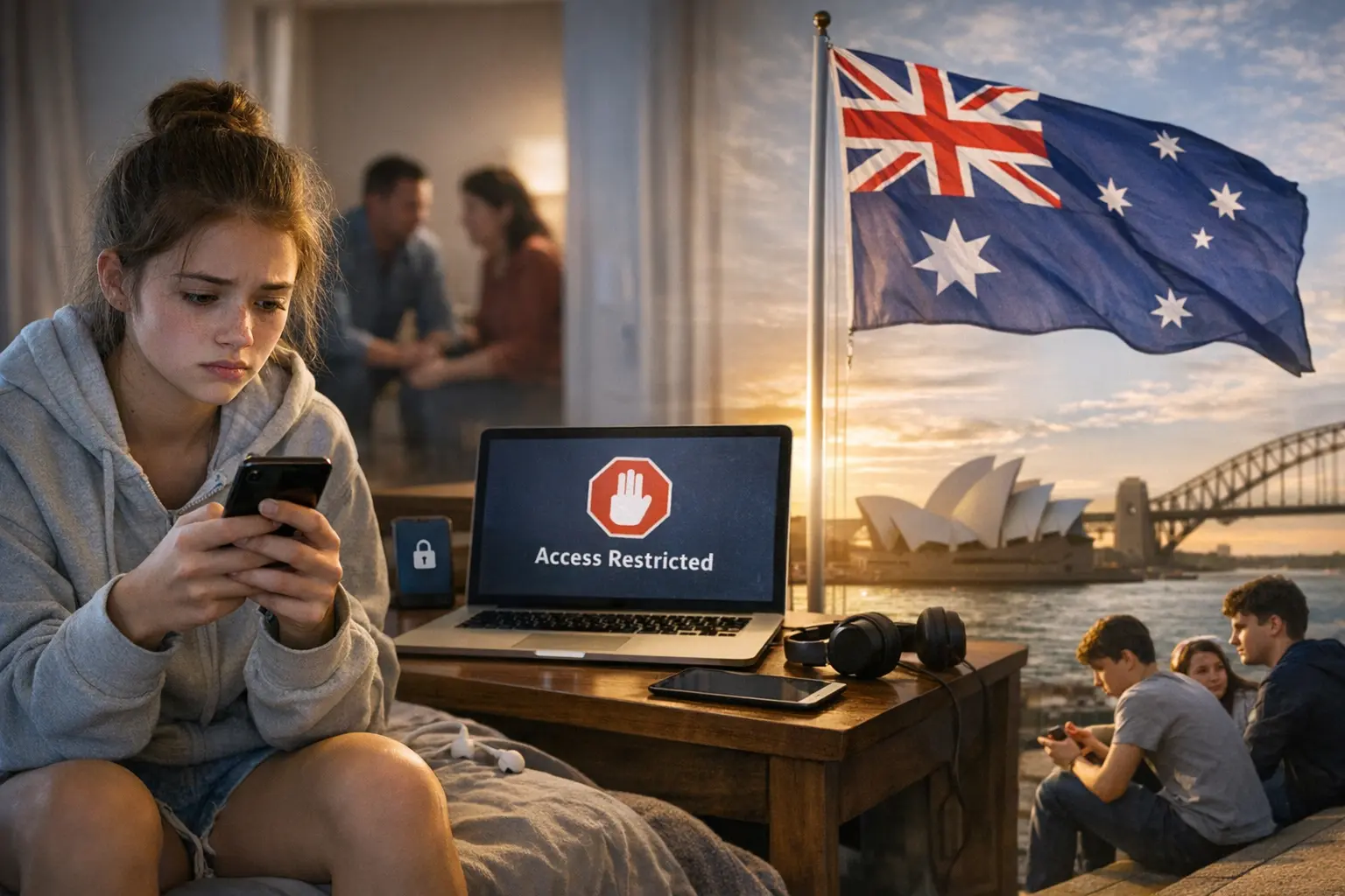 Ragazzo davanti allo smartphone con icone social e riferimento al limite under 16 in Australia