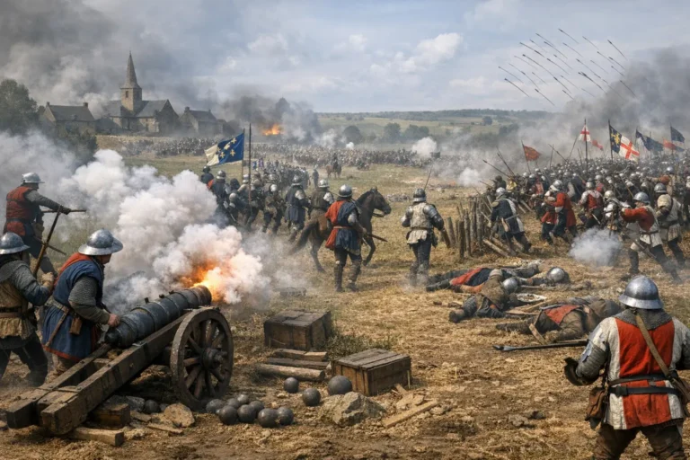 Rappresentazione della battaglia di Formigny del 1450 in Normandia con truppe francesi, inglesi e artiglieria sul campo