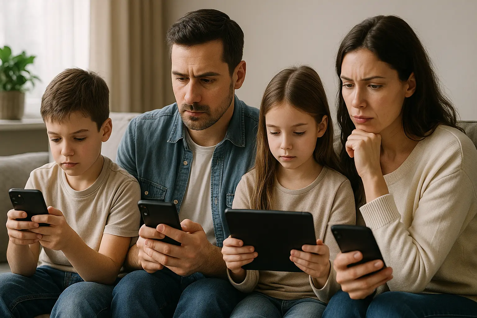 Genitori e figli che ripongono smartphone e tablet in un punto comune della casa prima di cena