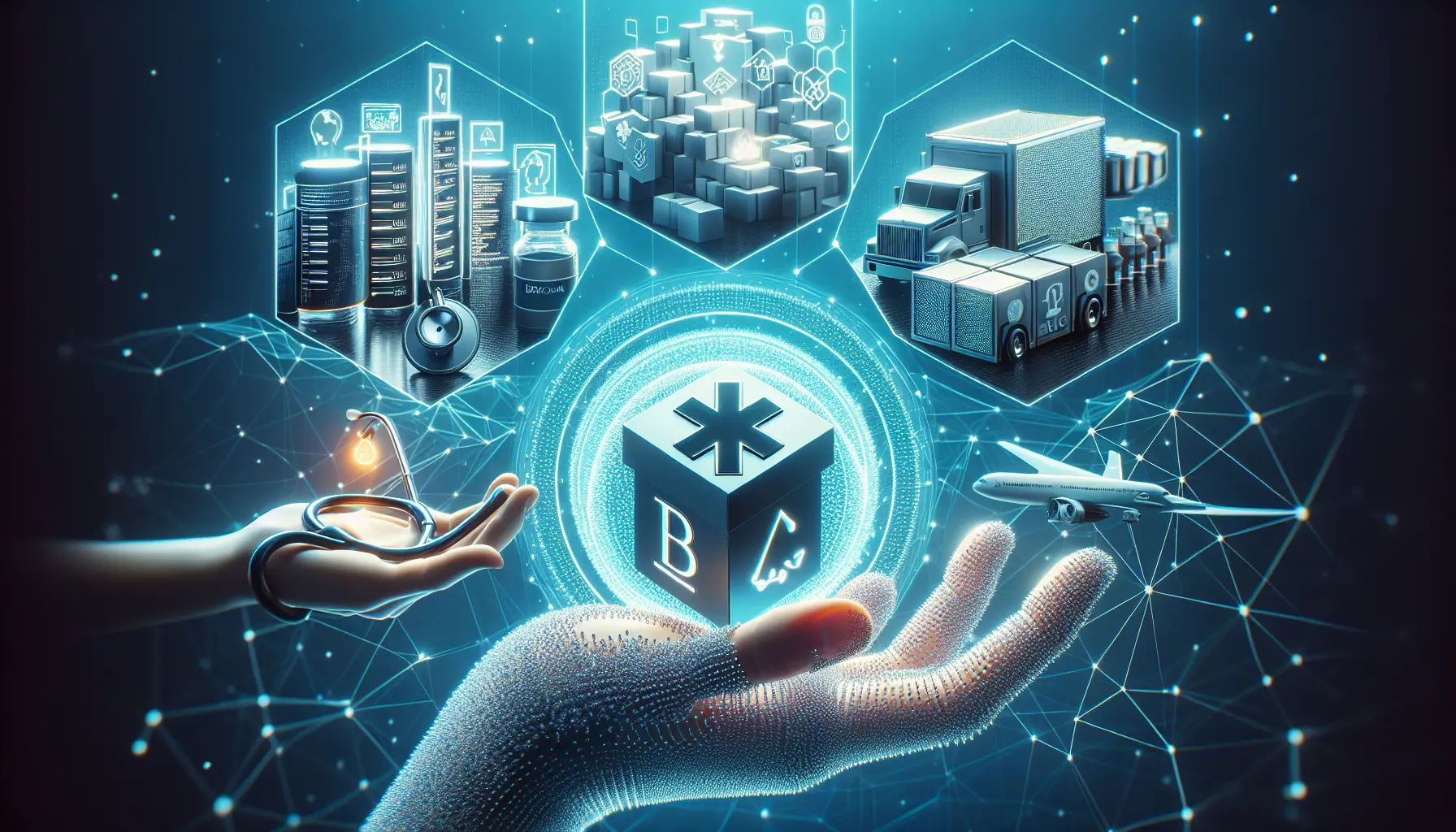 Rappresentazione visiva della tecnologia blockchain con nodi e catene che simboleggiano la sicurezza e la trasparenza delle informazioni.