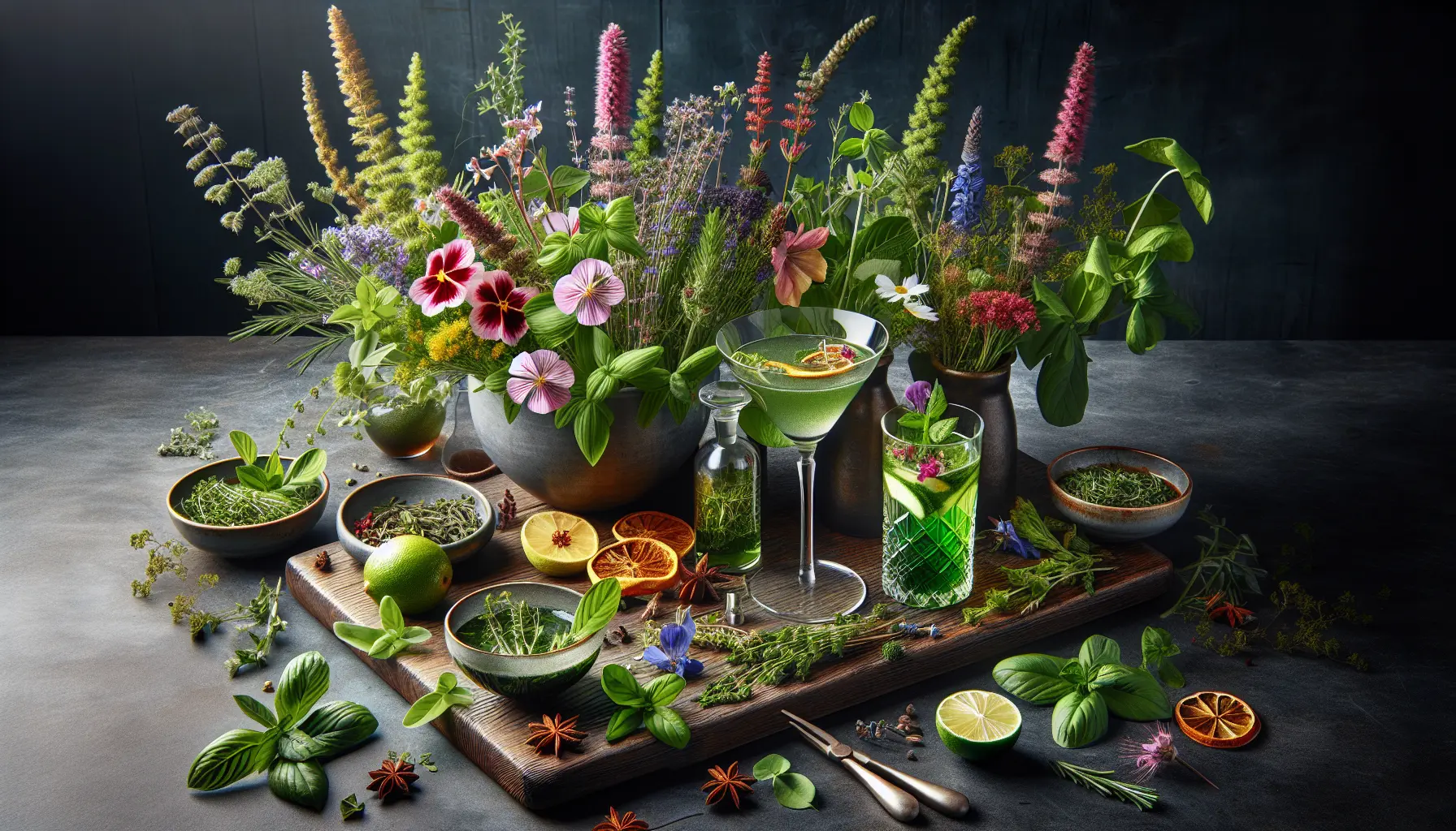 Un cocktail botanico decorato con erbe fresche e fiori selvatici, servito in un elegante bicchiere.