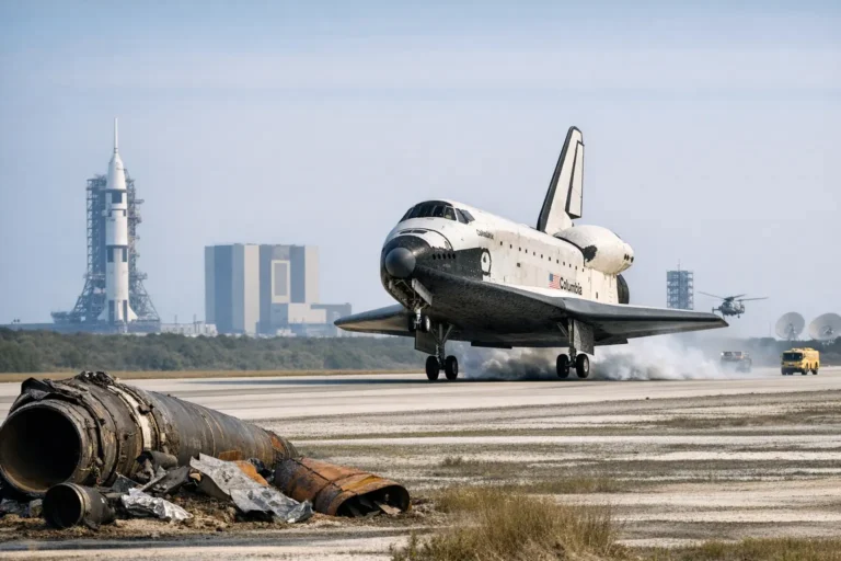 Lo Space Shuttle Columbia durante la missione STS-1, primo volo orbitale del programma Shuttle nel 1981