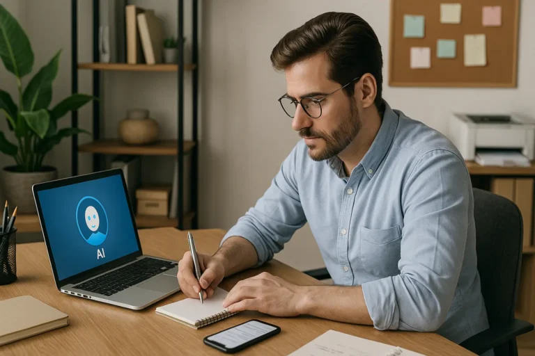 Professionista al computer che usa strumenti di AI per organizzare agenda, email e note operative