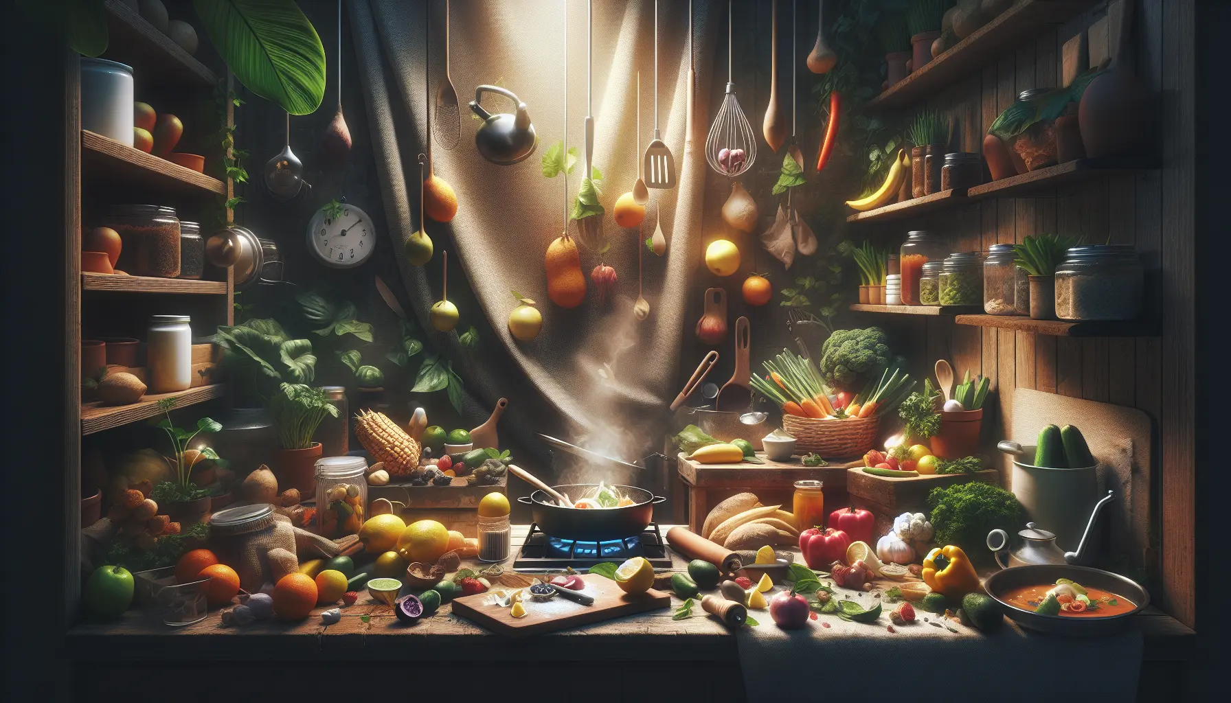 Una tavola ricca di ingredienti freschi e colorati, con scarti di verdura trasformati in piatti creativi.