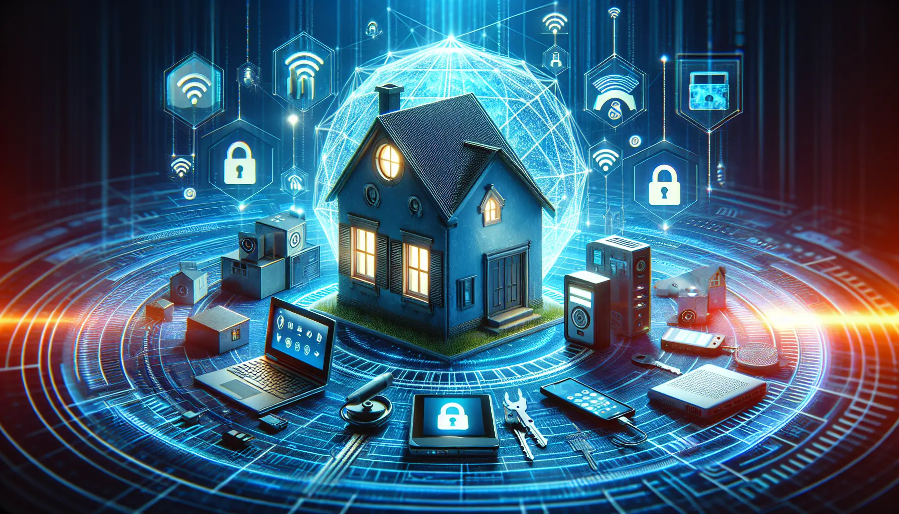 Un'immagine che rappresenta la sicurezza informatica domestica, con un router Wi-Fi e dispositivi smart con lucchetti digitali.
