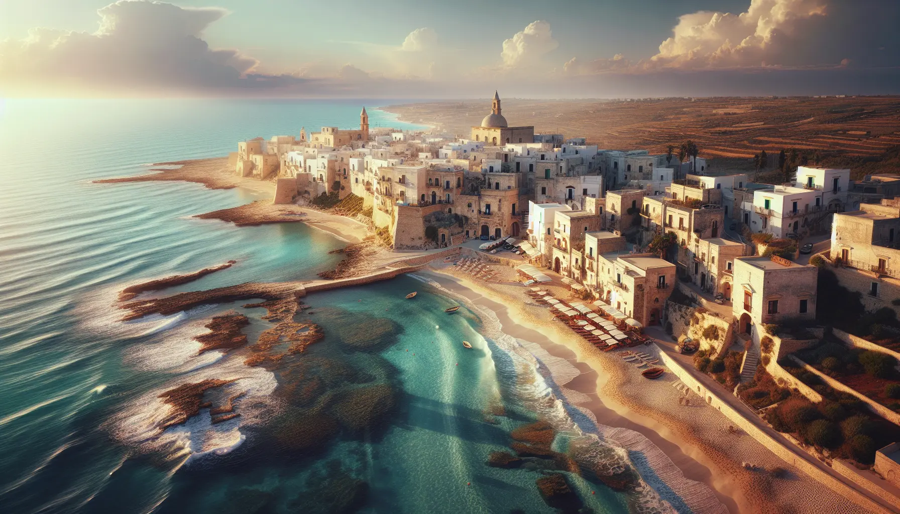 Spiaggia di Ugento con acque cristalline e sabbia fine, circondata da una vegetazione lussureggiante.