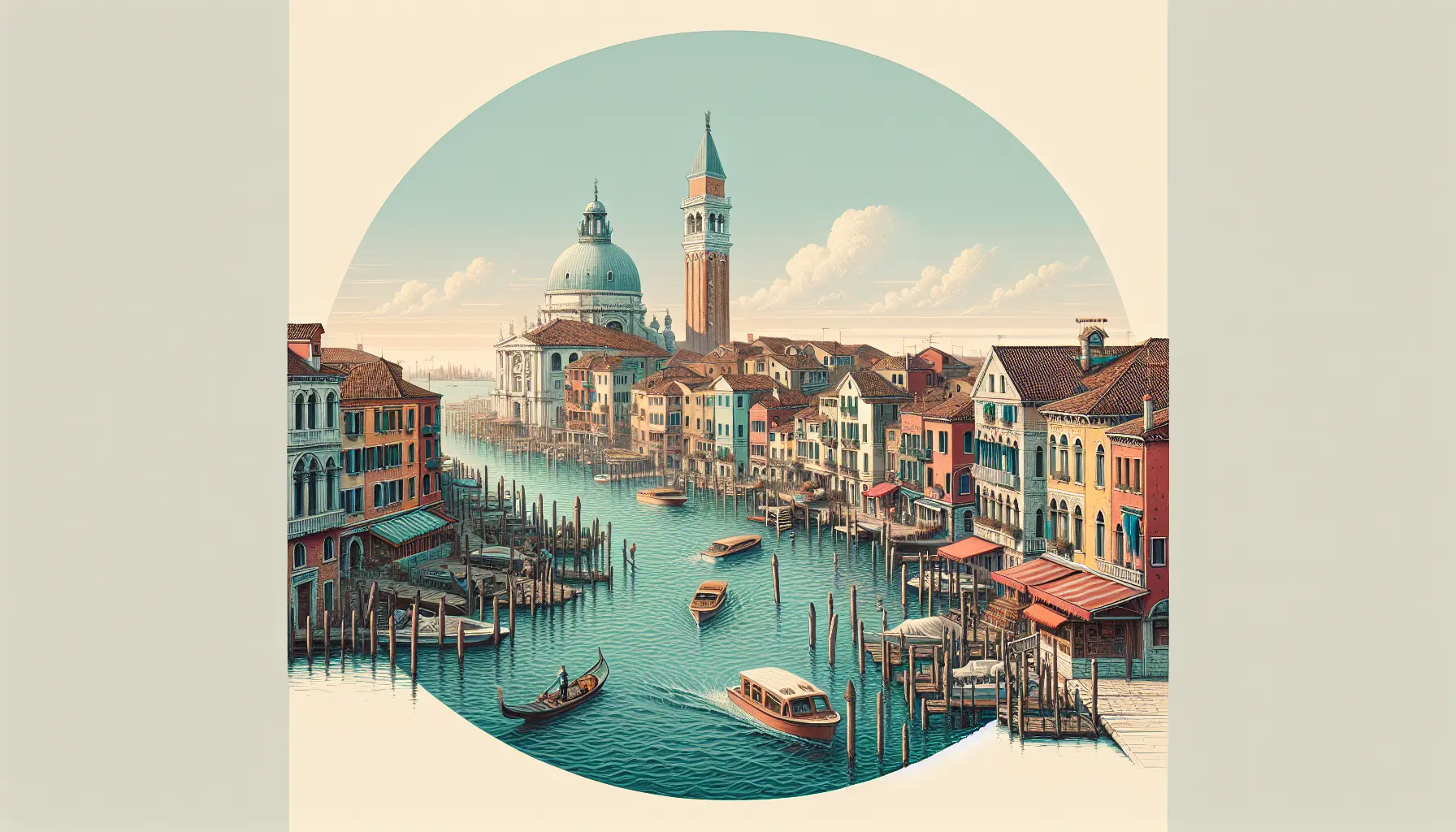 Vista panoramica dei canali di Chioggia con le case colorate che si riflettono nell'acqua, creando un'atmosfera incantevole.