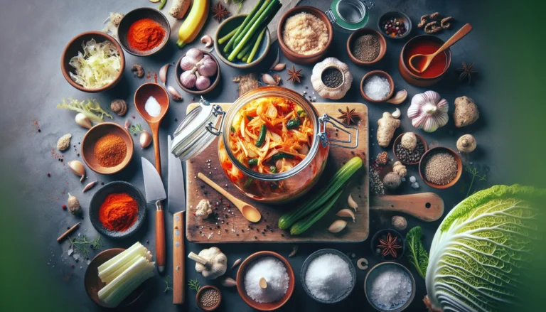Barattolo di kimchi fatto in casa con verdure fresche e spezie