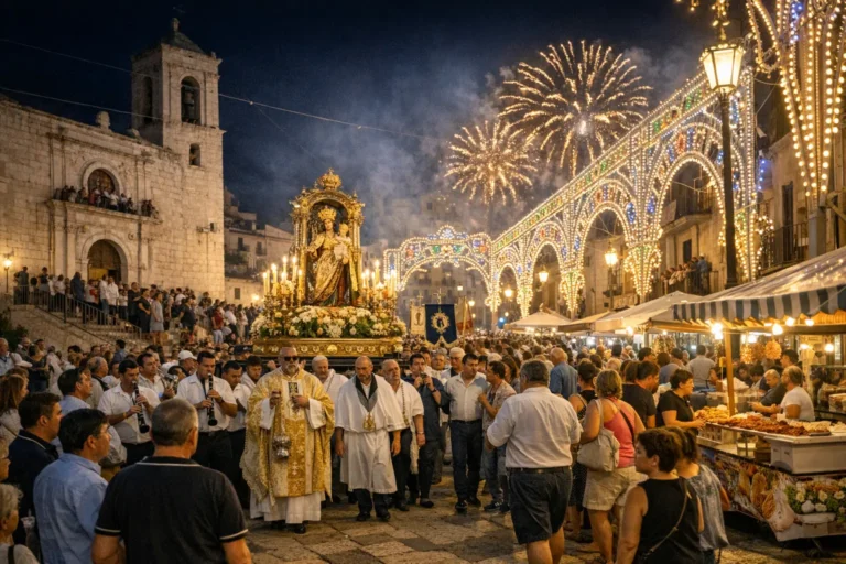 Processione di una festa patronale in un paese italiano con banda, luminarie e piazza affollata