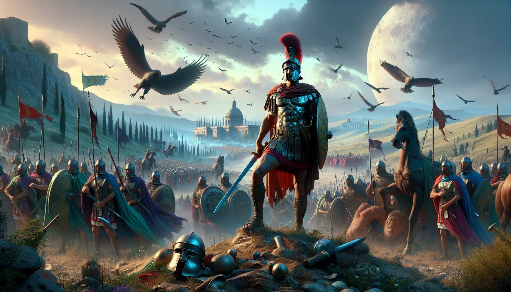 Rappresentazione artistica di Flavio Stilicone in battaglia, simbolo di strategia e leadership nell'Impero Romano d'Occidente.