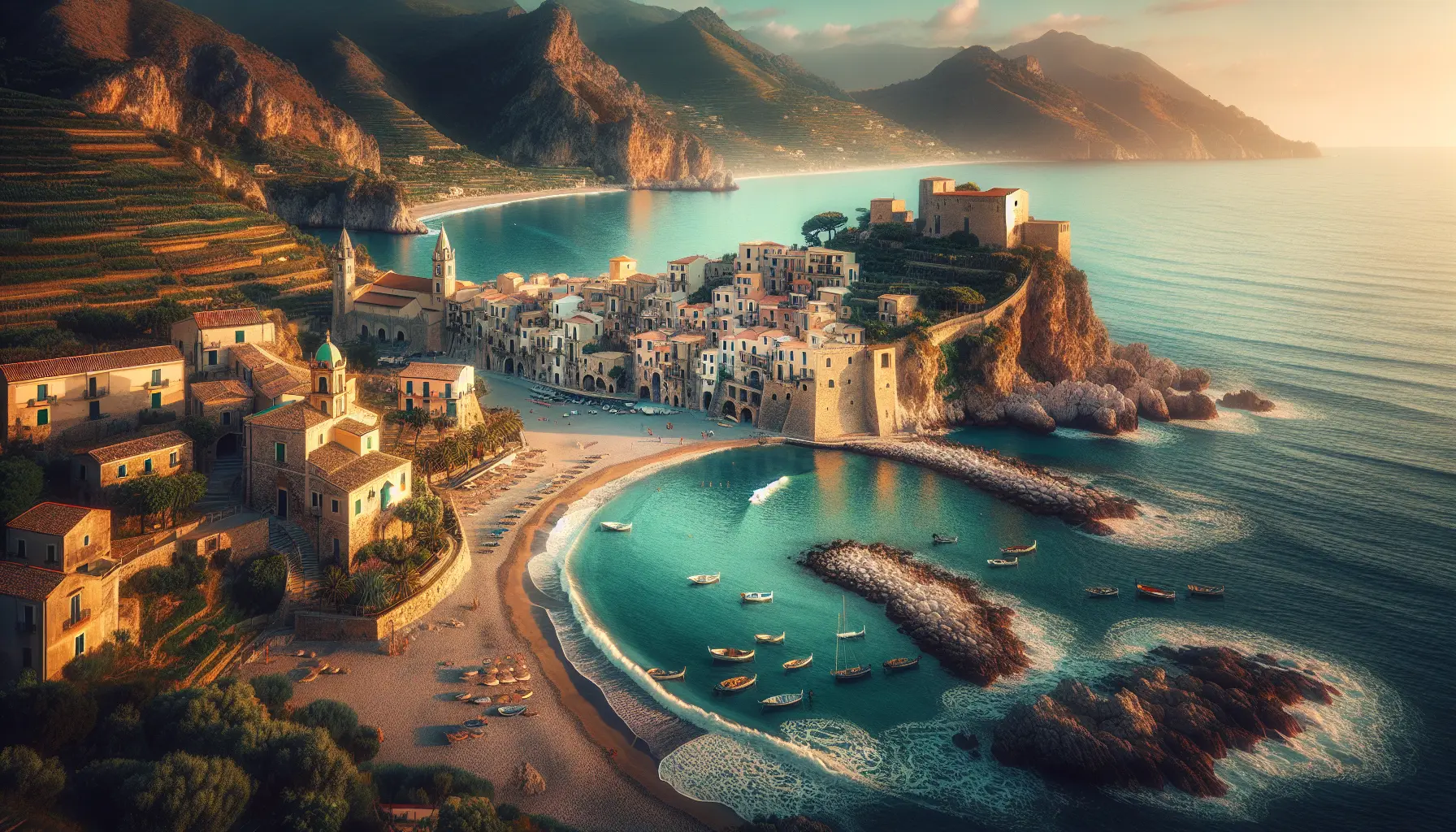 Panorama del Cilento con spiagge e colline verdi