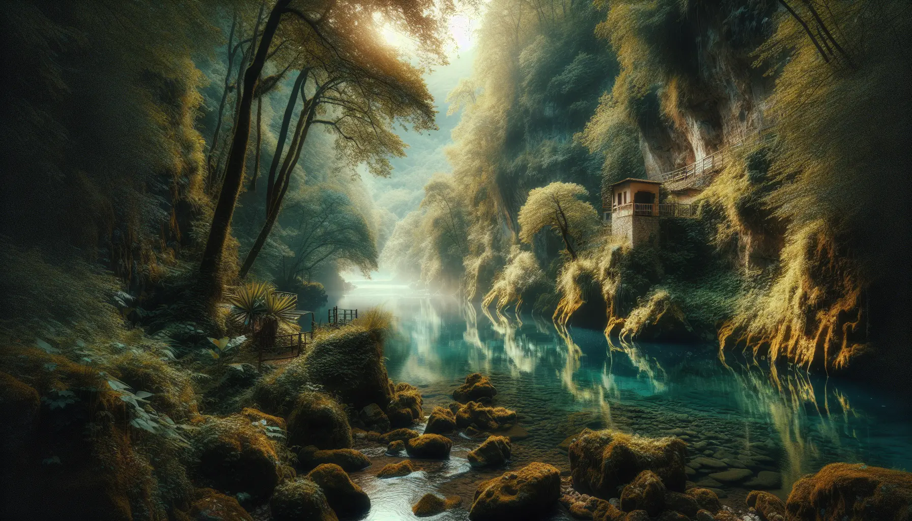 Un'immagine panoramica del Fiume Osento circondato da vegetazione lussureggiante e colline dolci.
