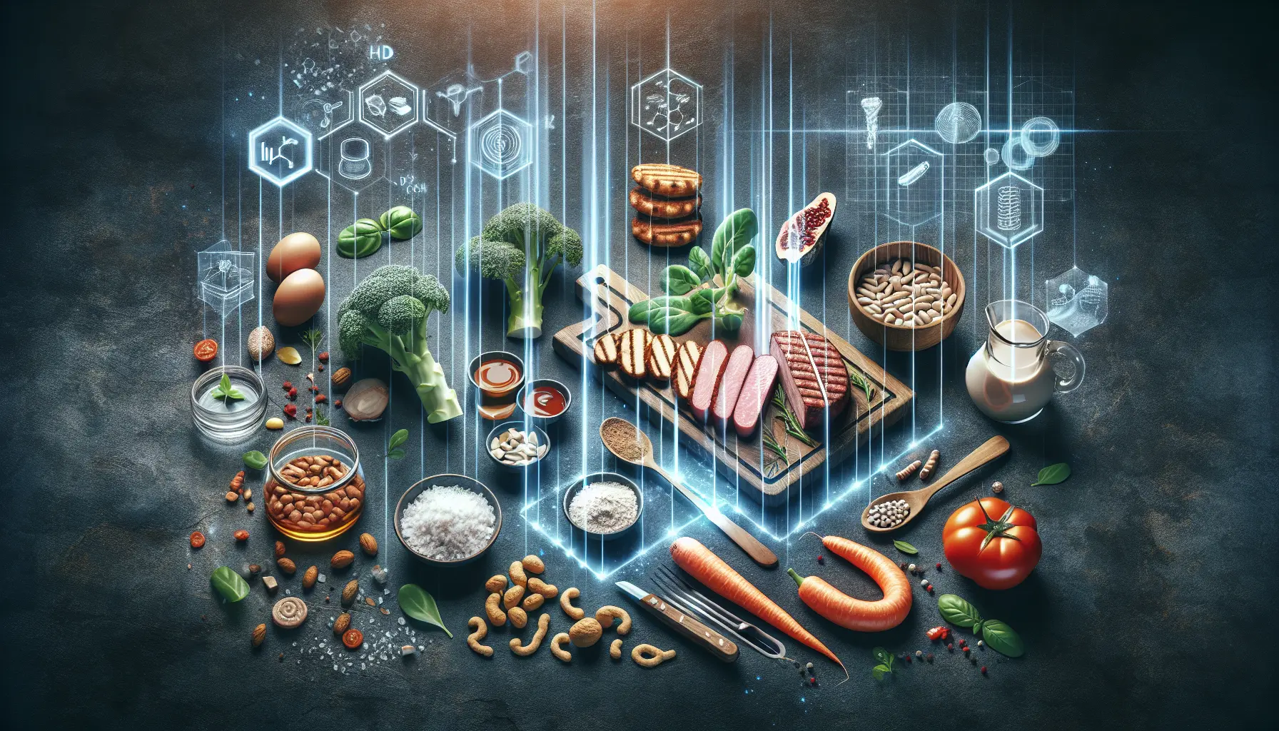 Un piatto colorato con hamburger di lenticchie, insalata di ceci e barrette energetiche, rappresentando la varietà delle proteine alternative.