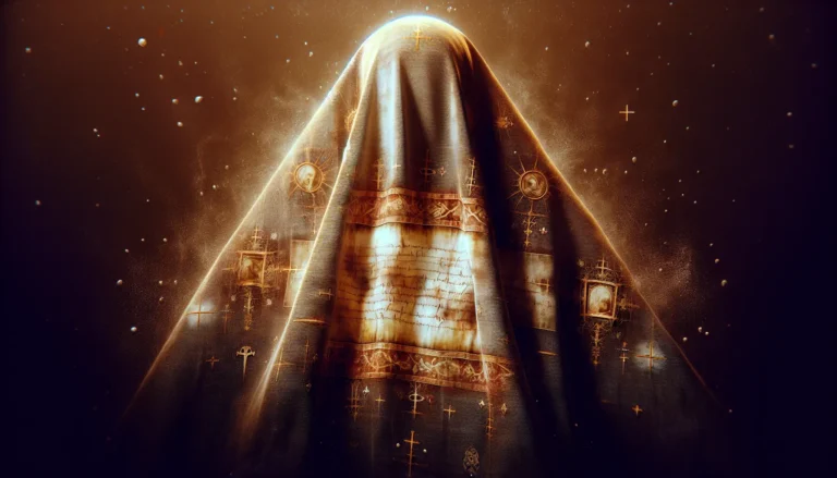 Immagine della Sindone di Torino, un antico lenzuolo di lino con l'immagine di un uomo che mostra segni di tortura e crocifissione.