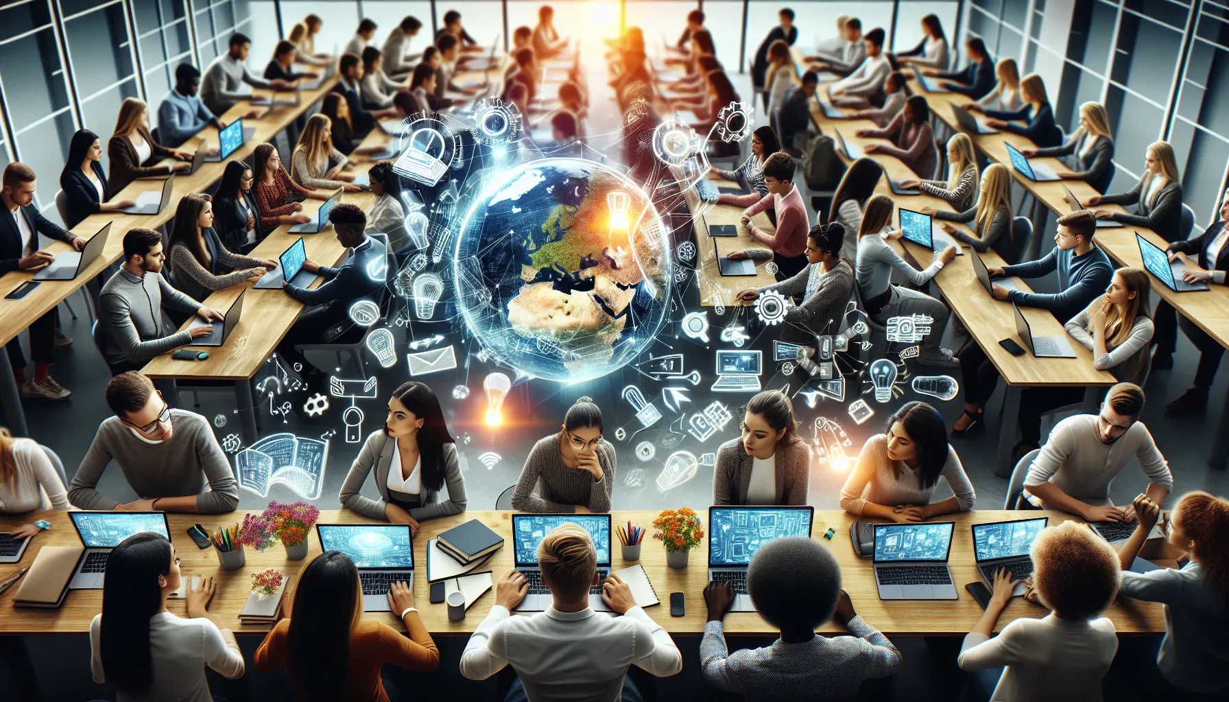 Studenti che utilizzano dispositivi digitali per l'apprendimento in un ambiente moderno e collaborativo.